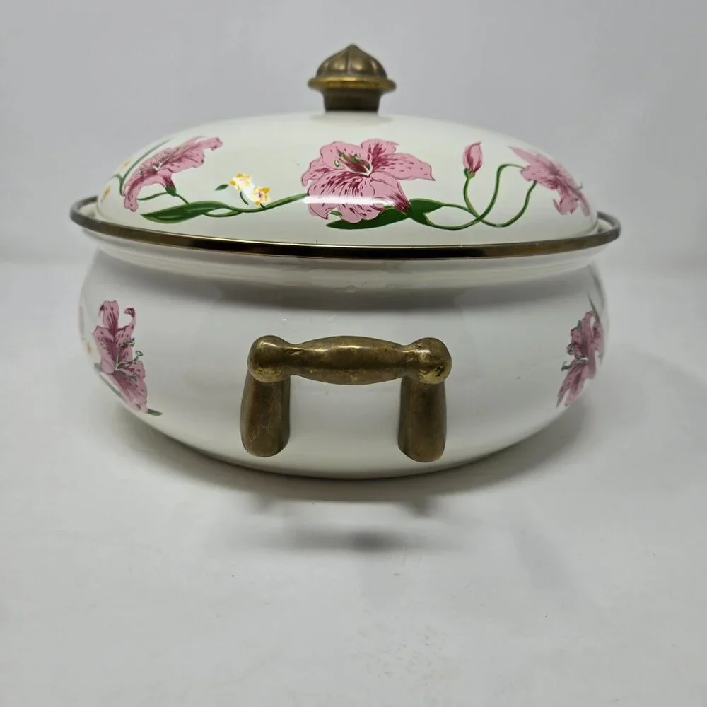 Vintage Normandy Taiwan Lily Floral Enamelware Casserole Dish With Lid & Brass H